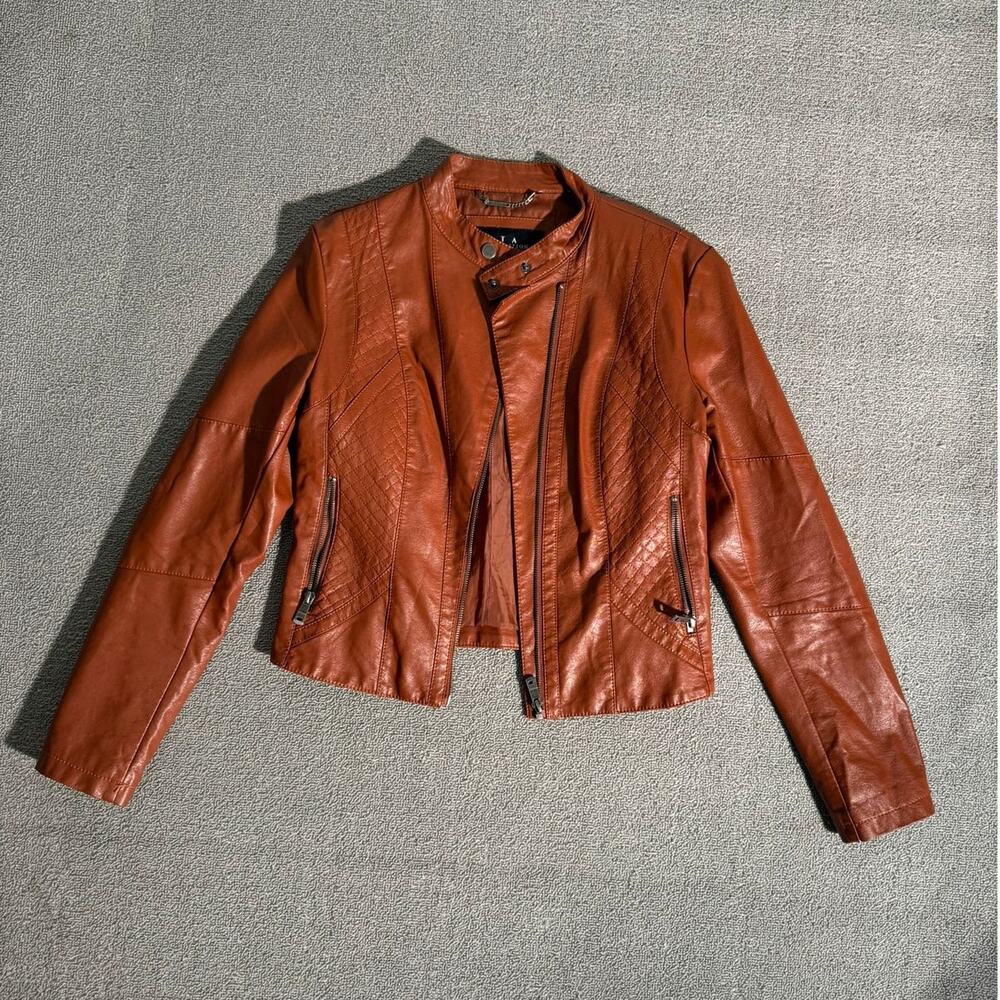 Coalition LA Quilted Faux Leather Moto Jacket Women‎ Small Brown